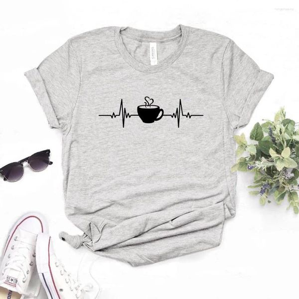 T-shirt da donna Caffè Battito cardiaco Stampa T-shirt da donna in cotone Camicia divertente casual per Lady Yong Girl Top Tee Hipster FS-552