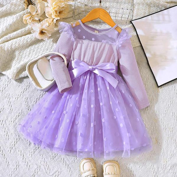 Vestidos da menina da criança crianças meninas ponto de onda estampas tripulação pescoço manga longa vestido de princesa outono inverno festa com cinto arco