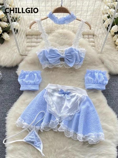 Vestidos de trabalho Chillgio Mulheres Doce Saia Xadrez Ternos Moda Erótica Apertada Pijamas Cosplay Traje 5 Peças Sexy Maid Uniform Pijama Conjuntos