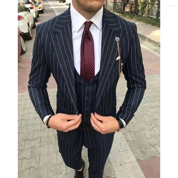 Abiti da uomo Blu Navy monopetto con risvolto con risvolto di lusso 3 pezzi giacca pantaloni gilet formale business slim fit abiti blazer 2024