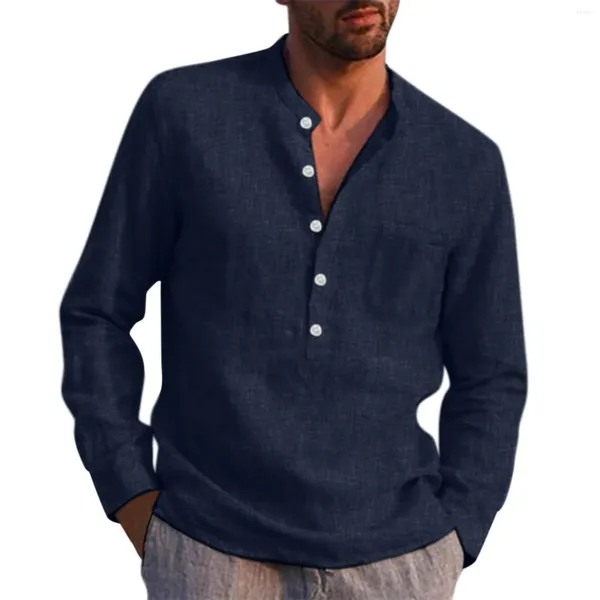 Мужские повседневные рубашки, мужская однотонная рубашка на пуговицах, блузка с длинным рукавом, верхняя распродажа, модный свободный воротник-стойка для мужчин, осенняя Camisas De Hombre