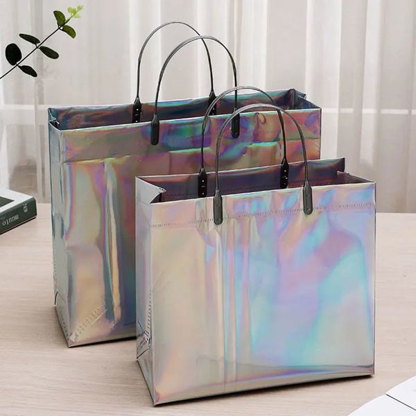 Saco de compras a laser de PVC com botão de pressão reutilizável mulheres bolsa de compras sacos de armazenamento feminino impermeável bolsa grossa tote eco saco 240110