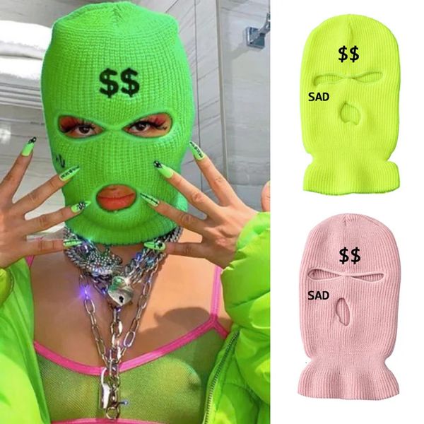 Neon Verde Balaclava Chapéu Moda Mulheres Triste Dólar Bordado Máscara de Esqui de Três Buracos Cobertura Completa Quente Malha Exército Máscara Tática 240110