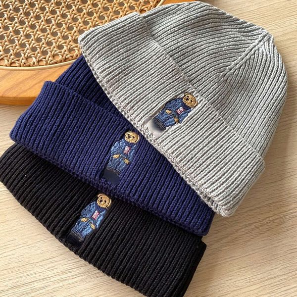 Шапка-бини/кепка-поло с вышивкой медведя, вязаная шапка-бини с манжетами, зимняя шапка 2024
