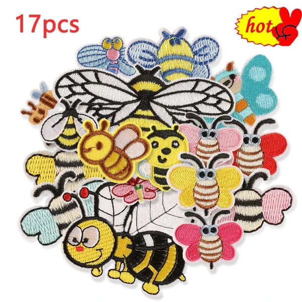 17 pçs lote abelha ferro em remendos bordados para roupas crianças bonito grandes pequenos animais em massa térmica diy naszywka costura atacado