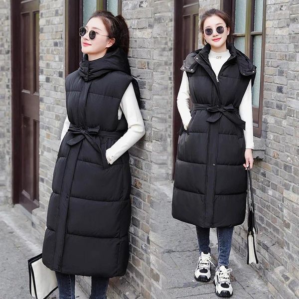 Gilet da donna Gilet lungo allentato Autunno Inverno Moda coreana Giacche senza maniche Cappotto Donna Nero Autunno spesso caldo Gilet con cappuccio Top