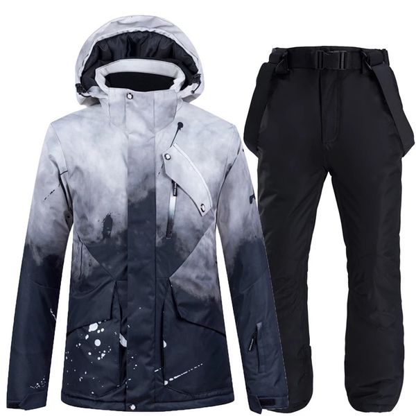 Комплекты костюмов для сноуборда для мужчин и женщин, зимняя одежда, водонепроницаемая ветрозащитная лыжная куртка, брюки с ремешком-30, зимний костюм 240111