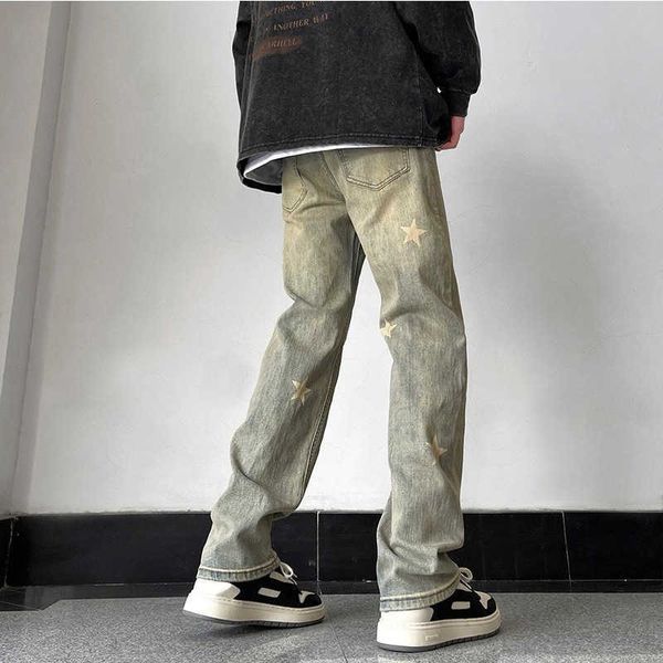 Jeans masculinos High Street Vibe Star Jean Primavera e Outono Perna Reta Solta American Hiphop Calças Curtas Largas