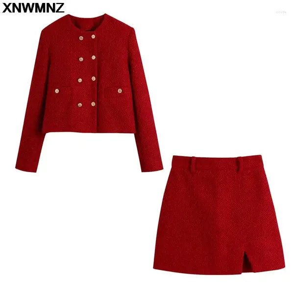 Jaquetas femininas xnwmnz outono vermelho senhoras all-match casual textura duplo breasted terno jaqueta de cintura alta saia escritório profissional wear