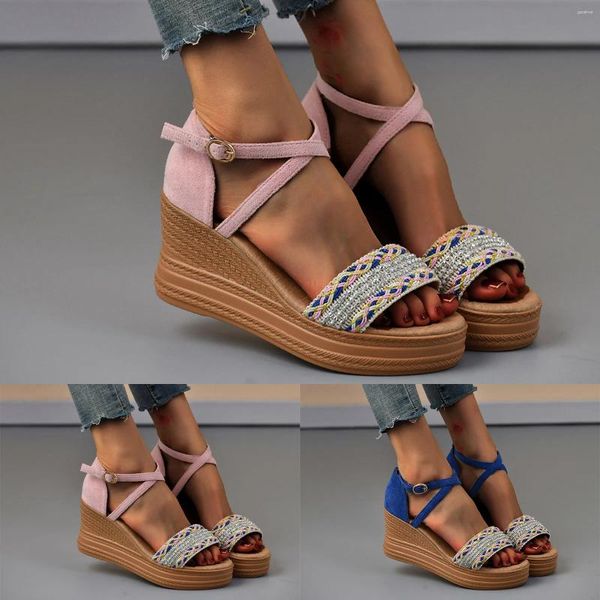 Sandalet bayanlar moda yaz etnik tarzı dokuma toka kama topuk kalın taban tüccarı 10