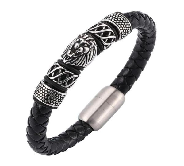 Punk Uomo Gioielli Bracciale in pelle intrecciata nera Bracciale leone Bracciale in acciaio Chiusura magnetica Uomo Bijoux Homme C007290519219154677