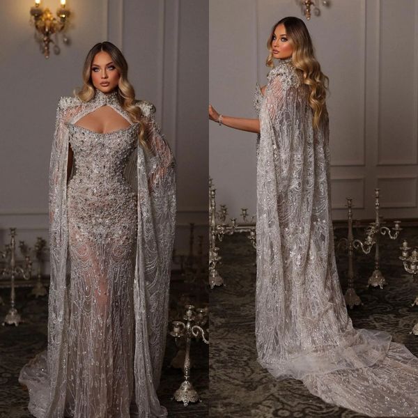 Glamous ağır boncuklu gece elbiseler İnci Kristal Denizkızı Prom Elbise Cape Straplegle Artı Boyut Özel Yapımı Özel Durum Elbiseleri