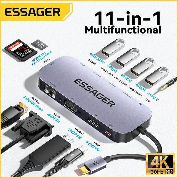 Station Essager 11 in 1 USB C Hub 4k 30 Hz Typ C Dockingstation für Book Air Pro Adapter Splitter für Laptops HDMI-kompatibel Rj45