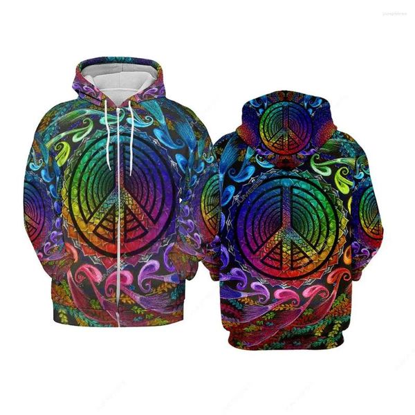 Mannen Hoodies Jumeast Peace Art 3D Print Mannen Rits Vintage Suower Minnaar Aloha Hoody Hippie Jeugd Kleding