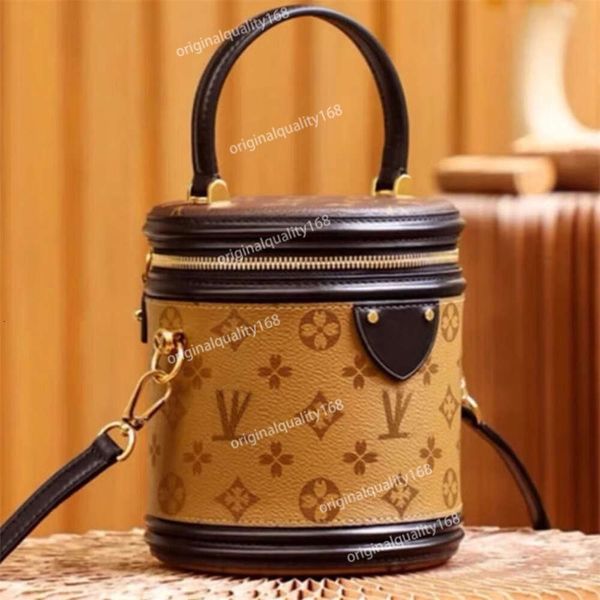 10A Designer Cannes Bolsa Clássica Cor Combinando Versátil Cilindro Com Flores Velhas Couro Genuíno Moda Ombro Único Crossbody Riqueza Balde Bolsa Feminina