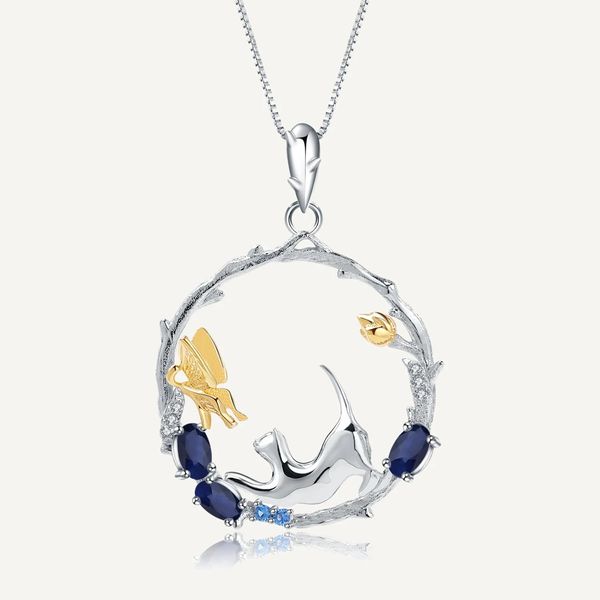 Ciondoli GEM'S BALLET Collana con ciondolo farfalla gatto fatta a mano in argento sterling 925 0,84 ct con zaffiro blu naturale gioielleria raffinata per le donne