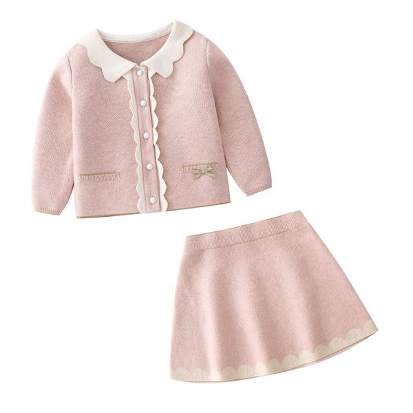 Lady stijl kleine meisjes gebreide kleding sets peuter kids bloemblaadjes revers lange mouw trui vest rok 2 stks kinderen roze prinses outfits Z6640