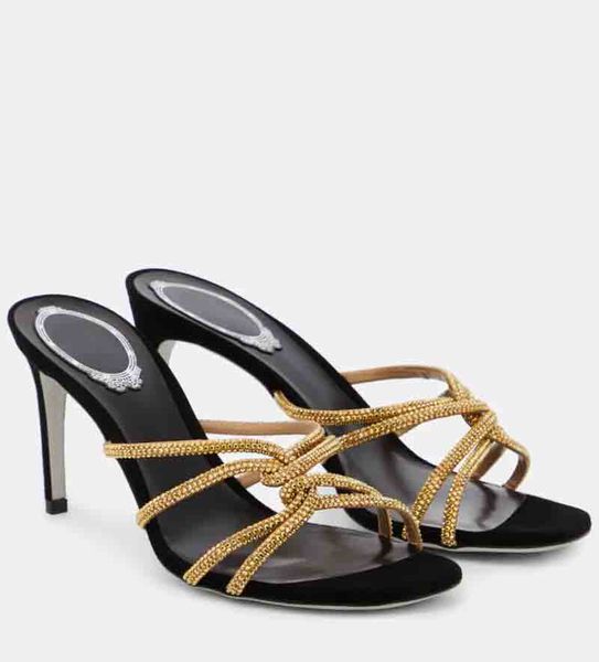 Tasarımcılar Kadın Mücevher Yüksek Topuk Sandal Renes Süslenmiş Satin Süet Deri Mules Topuklu Sandal Slayt Orijinal Deri Şerit Sole Some Kristaller Pompalar Kayma