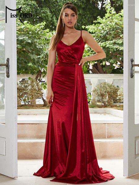 Vestidos casuais missord vermelho cetim longo vestido de noite mulheres elegante espaguete cinta v-pescoço drapeado bodycon festa de casamento vestido formal