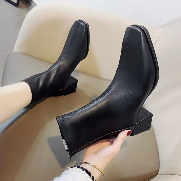 Stiefel Leder Herbst Damen Dicke Absätze Weiches Pu Mittelabsatz Dünne Elegante Damen Karree Zehe Reißverschluss Schuhe 2024 Winter