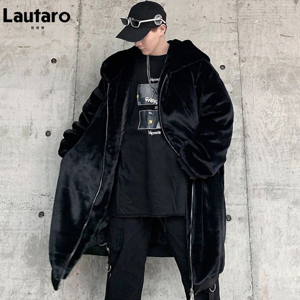 Lautaro inverno longo oversized preto quente grosso macio fofo casaco de pele do falso masculino com capuz zíper casual solto moda coreana 240110