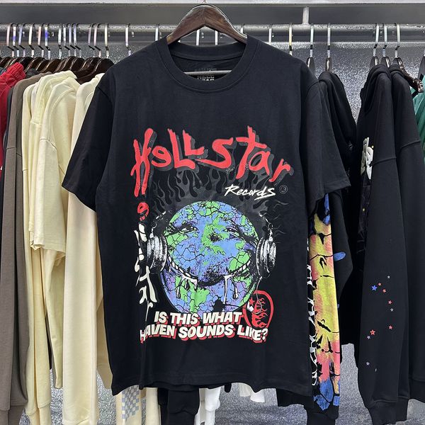 Модная рубашка Hellstar Mens Rappe Top High American Tide Brand Funnal English Letter Print Loose All круглый воротниц с короткими рубашками