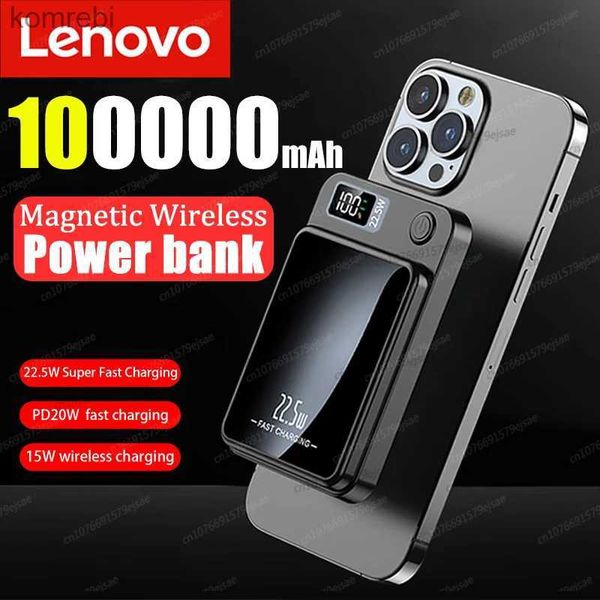 Bancos de energia de telefone celular Lenovo 100000mAh Wireless Power Bank Magnético Qi Portátil Powerbank 22.5W Carregador rápido para iPhone15 14 13 Samsung Carregamento rápidoL240111