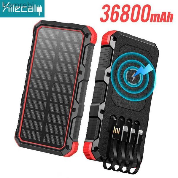 Bancos de energia de telefone celular 36800mAh Solar Wireless Power Bank portátil de carregamento rápido Powerbank cabo embutido para iPhone 14 Samsung Huawei PoverbankL240111