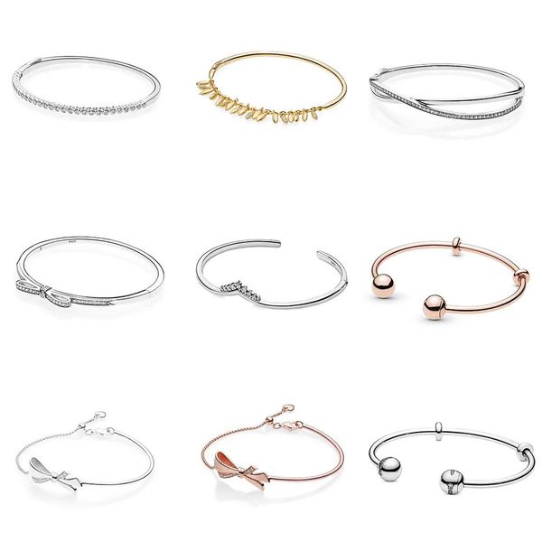 Armreifen, 10 Stile, 925er Sterlingsilber, Pan Moments, funkelnde Schleife, Wunschpflaster, Kristall, offene Armreifen, Armbänder für Frauen, Party, Hochzeit, Schmuck