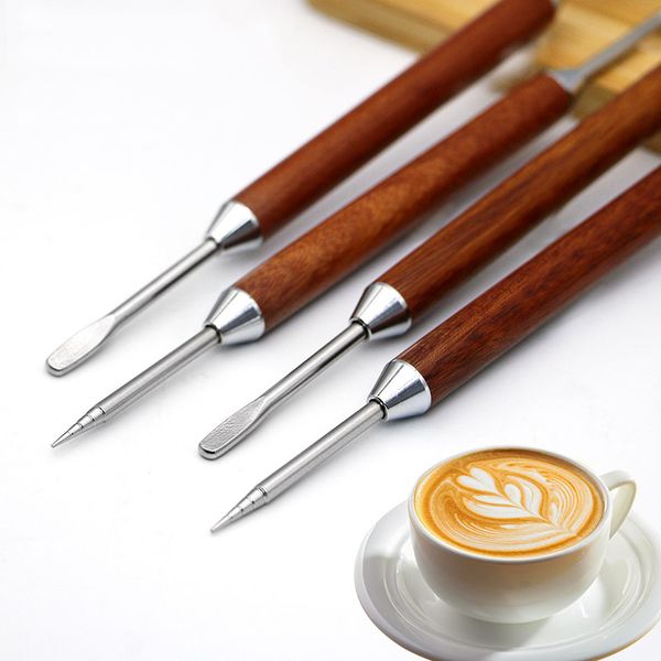 Nego d'arte in acciaio inossidabile Coffee Coffee Fancy Stitch Strumento per barista Penna ad arte latte a doppia estremità con manico in legno per decorazioni per caffè fai -da -te