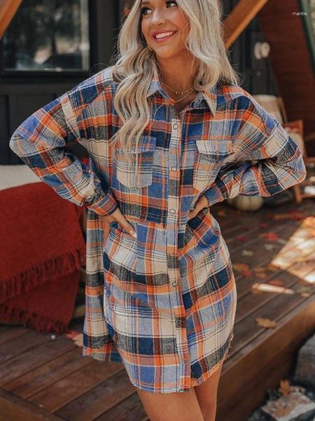 Casual Kleider 2024 Frühling Herbst Frauen Kleid Vintage Plaid Print Revers Lange Hülse A-LINE Knie-Länge Party Sexy