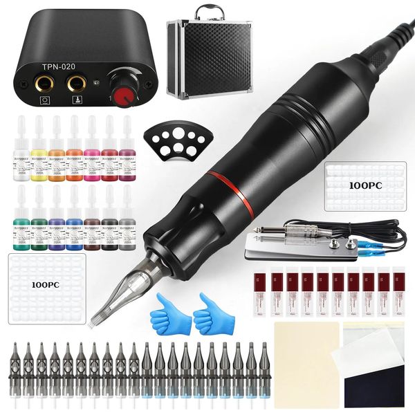 Kit penna rotativa per tatuaggio macchina Tattoo Hines con scatola per tatuaggio Set di alberi per cartuccia Set di strumenti per trucco permanente per corpo con ago per tatuaggio