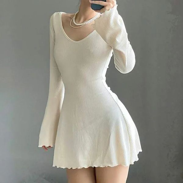 Tricô vestido elegante para mulheres primavera outono cor sólida decote em v senhora do escritório bainha irregular simples básico vestidos finos 240111