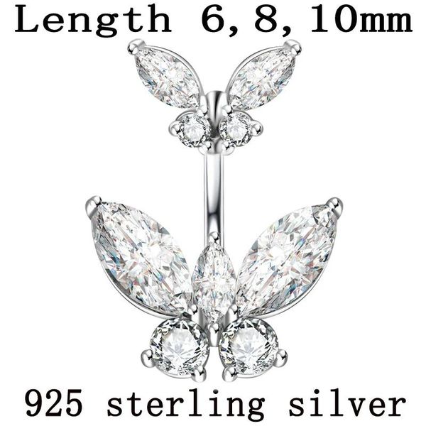 Jóias corpo jóias borboleta real 925 prata esterlina umbigo anel pino comprimento 6mm 8mm 10mm piercing jóias finas frete grátis