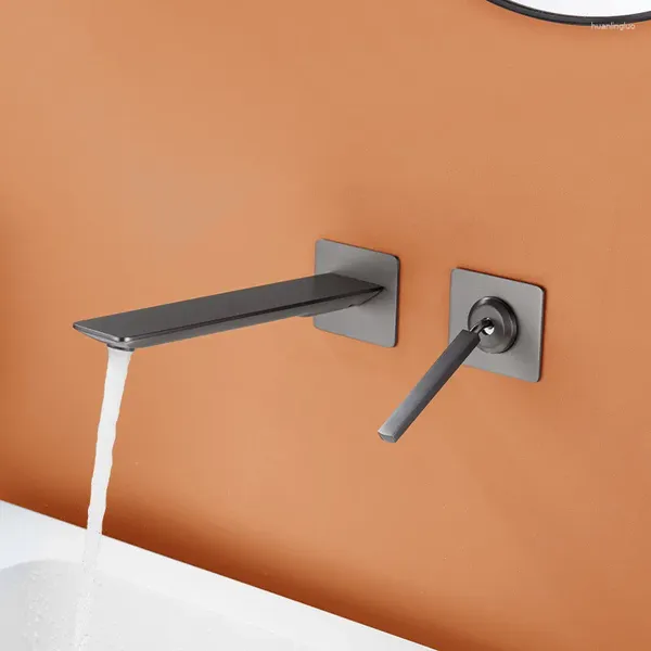 Torneiras de pia do banheiro bacia de cobre cinza fria latão cromado misturador de lavatório único punho na parede com caixa embutida