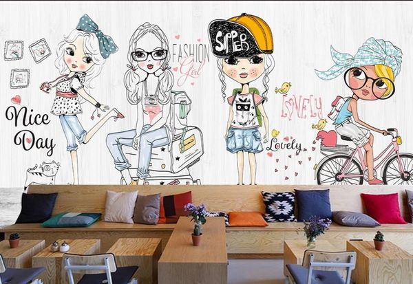 Gota papel de parede personalizado pintados à mão dos desenhos animados menina moda mostrar roupas loja mural da parede do quarto das crianças wallpaper2265815