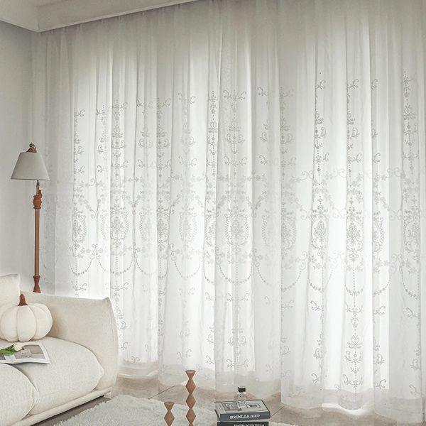 Cortinas de tule bordado branco para sala de estar Cortina transparente europeia de luxo para salão Rideaux Voilage Tratamento Home Personalize 240110