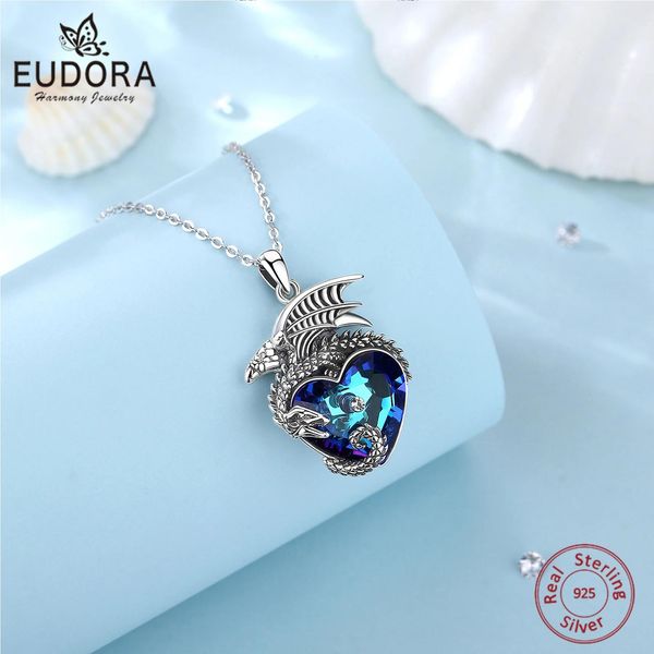 Anhänger Eudora Echt 925 Sterling Silber Drachen Halskette für Frauen Herz Österreichischer Kristall Coole Drachen Anhänger Halsketten Trendiger Schmuck