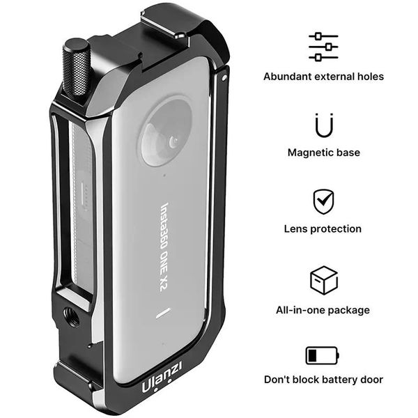 Câmeras ULANZI Metal Protective Cage para Insta360 ONE X2 Housing Case com sapata fria para luz de preenchimento de microfone e 1/4 portas roscadas