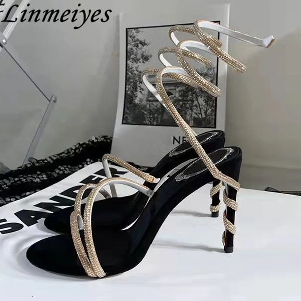 Hohe Frauen -Strass -Absätze Knöcheldesigner Schlange Schnurrund um Hochzeitsfeierschuhe Lady Sommer Gladiator Sandalen Frau 2 56