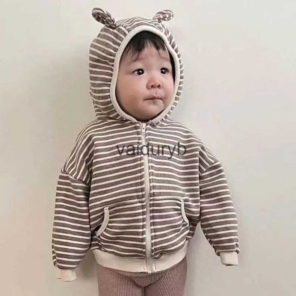 Felpe con cappuccio Autunno New Baby Felpa con cappuccio a maniche lunghe Cardigan Cotone Ragazza infantile Felpe con cappuccio a righe casual Neonati maschi Orecchie con cerniera Cappottovaiduryb