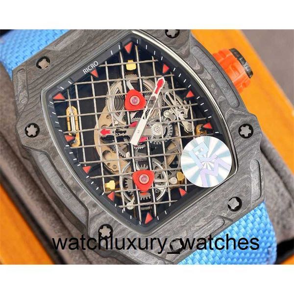 Richardmill Watches Designer Watch Men's Watch Master Siyah Karbon Fiber Kılıf Mekanik Otomatik Kelebek Tokası Naylon Kayış İçi Boş Hareket Ricro