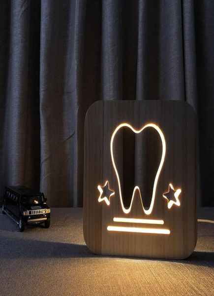 Criativo lâmpada de dente de madeira quarto cabeceira luz noturna fonte usb led candeeiro de mesa escavado pequena noite lamp5810033