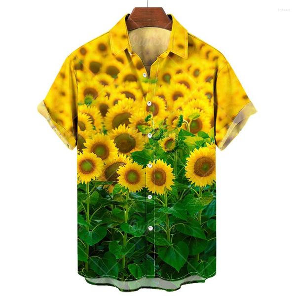 Herren-Freizeithemden, Sonnenblumen-Sommer-Männer, 3D-Druck, übergroß, Straße, Strand, Hawaii-Hemd, Herrenkleidung, Revers-Top, T-Shirt mit Knopf