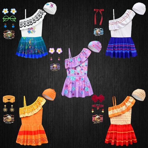 set Encanto Costume da bagno intero per bambini con spalla inclinata Costume da bagno stile ragazza con volant e mutandine Bikini da spiaggia per feste senza schienale per bambini