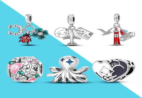 925 Sterling Silber Baumelnder Charm Schwarz und Weiß Kitty Tintenfisch Marienkäfer Möwe Perlen Bead Fit Charms Armband DIY Schmuck Accessories1015301