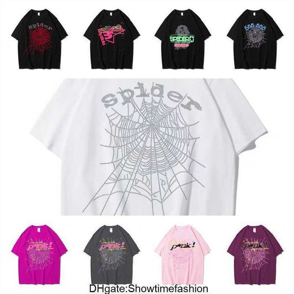 T-shirt grafica Pink Young Thug Sp5der 555555 stampata Spider Web Pattern cotone stile H2Y maniche corte Top T-shirt hip hop taglia XS-XXL 7QAB