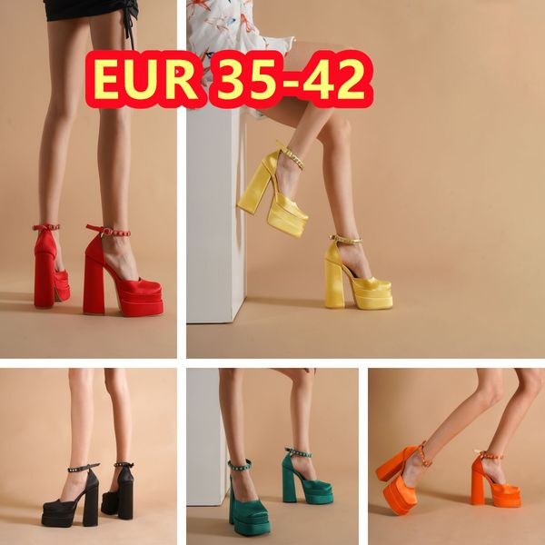 Top Quality Crystal-Embelezado Sapatos Cetim Dupla Plataforma Bombas Chunky High Heels Sandálias Mulheres Designers de Luxo Vestido Sapato Calçado de Noite EUR35-42