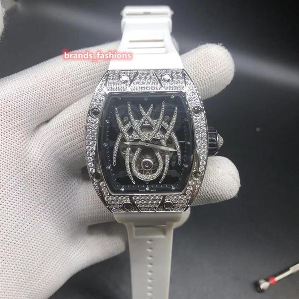 Design incrível relógio de tendência masculina prata caixa de aço inoxidável relógio de diamante completo pulseira de borracha automático mecânico pulse311j