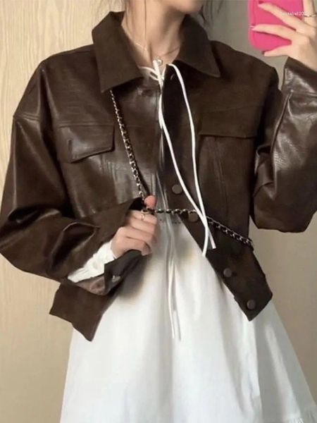 Giacche da donna Giacca in pelle americana Corta Donna Moto Top Risvolto Design a maniche lunghe Abbigliamento da strada Autunno Petto Donna Vintage Slim